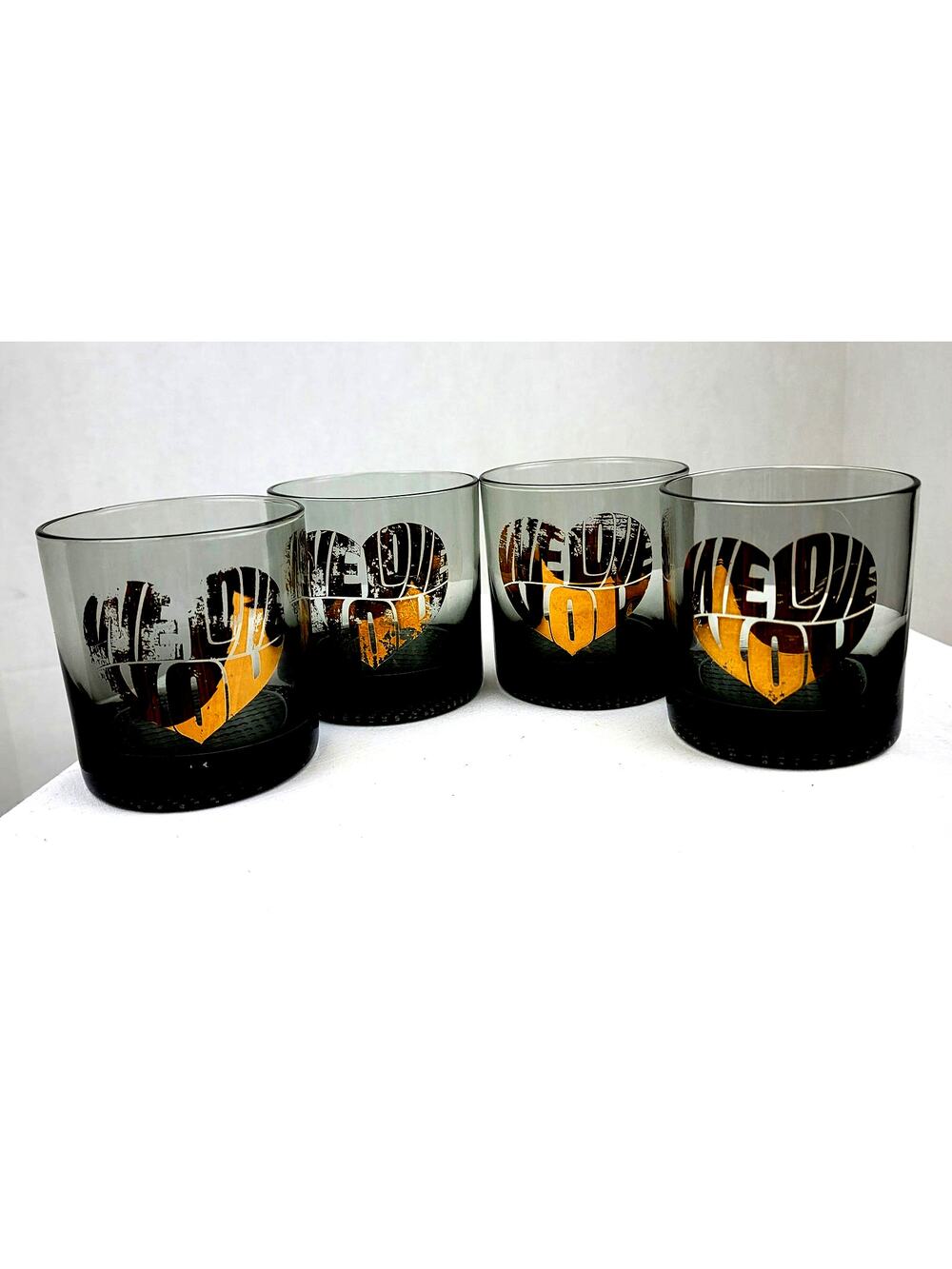 Vintage Smoky Glass Bourbon/Scotch Hi-Ball Rock Bar Glasses We Love You in Gold